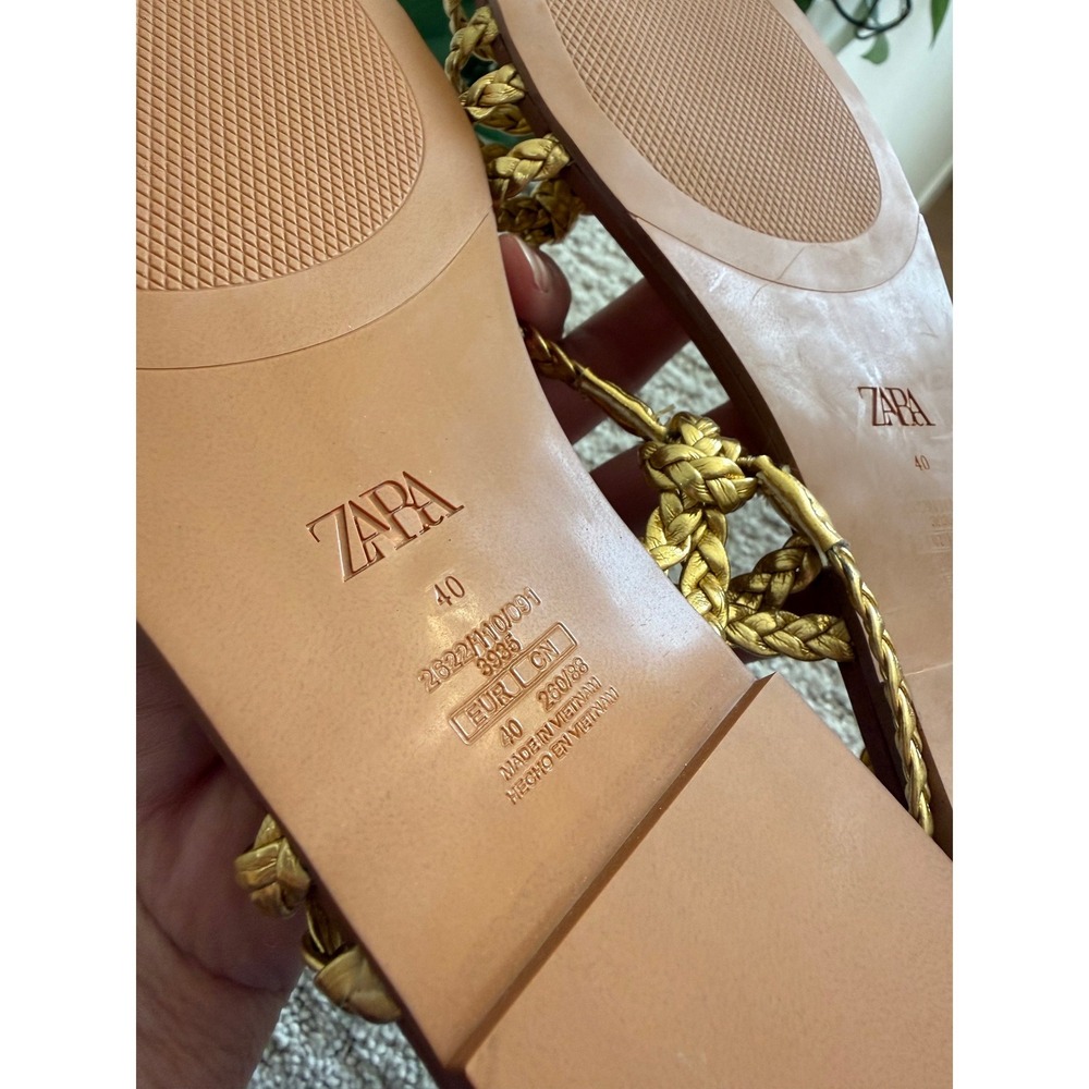 NEW Zara Braided Flat Sandals 40 Gold Metallic Square Toe Strappy Knotted Chic 9 - Picture 7 of 8